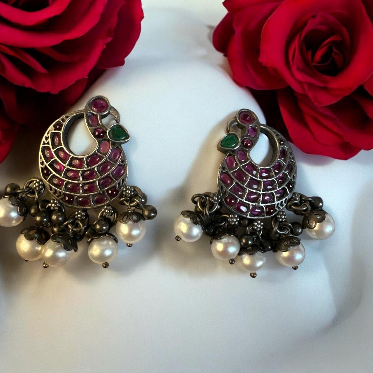 Ruby Pota & Green Stone Peacock Oxidized Studs