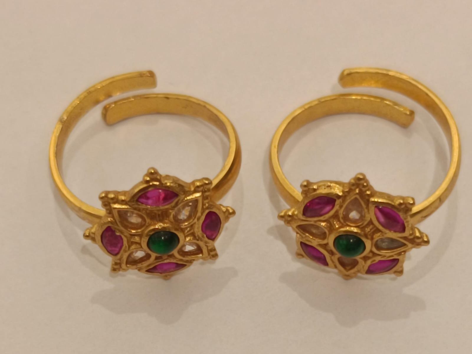 Ruby, White & Green Stones Gold Polish Toe Rings