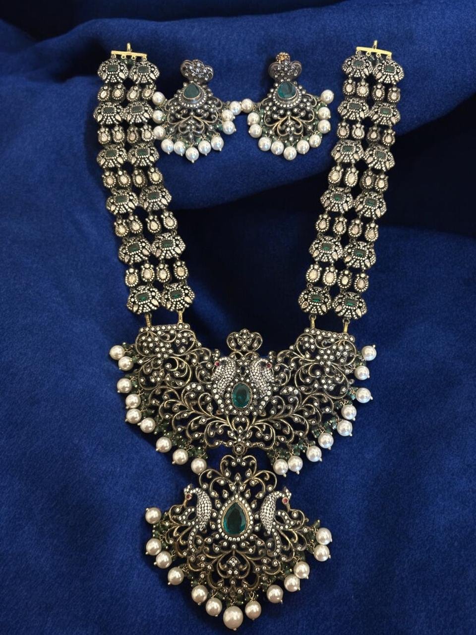 Victoria  polish  cz stones  green stones with Peacocks  big pendent  water pearls  hangings  haram