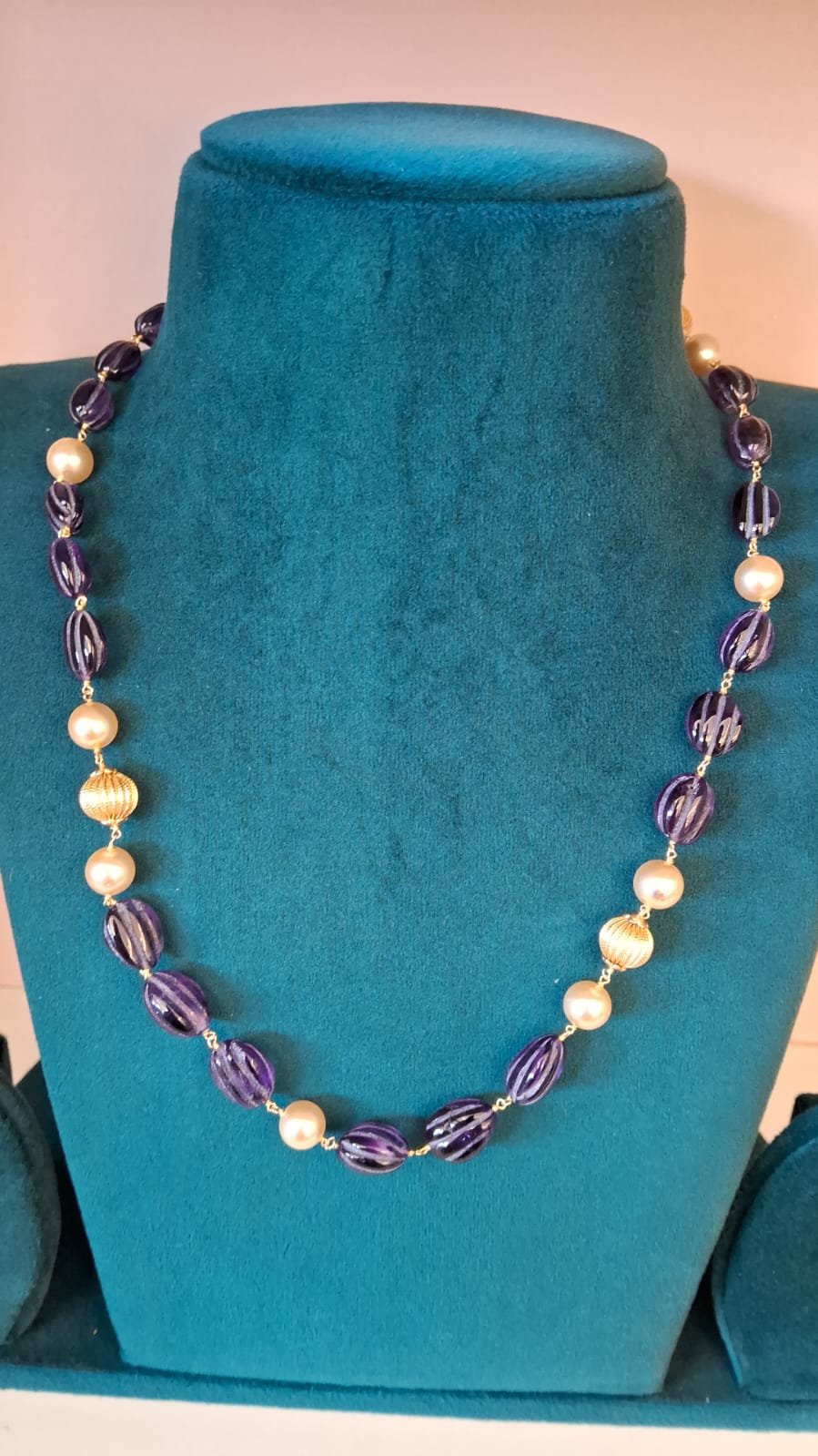 Violet Beads & Swarovski Pearls Gold Polish Beads Chain