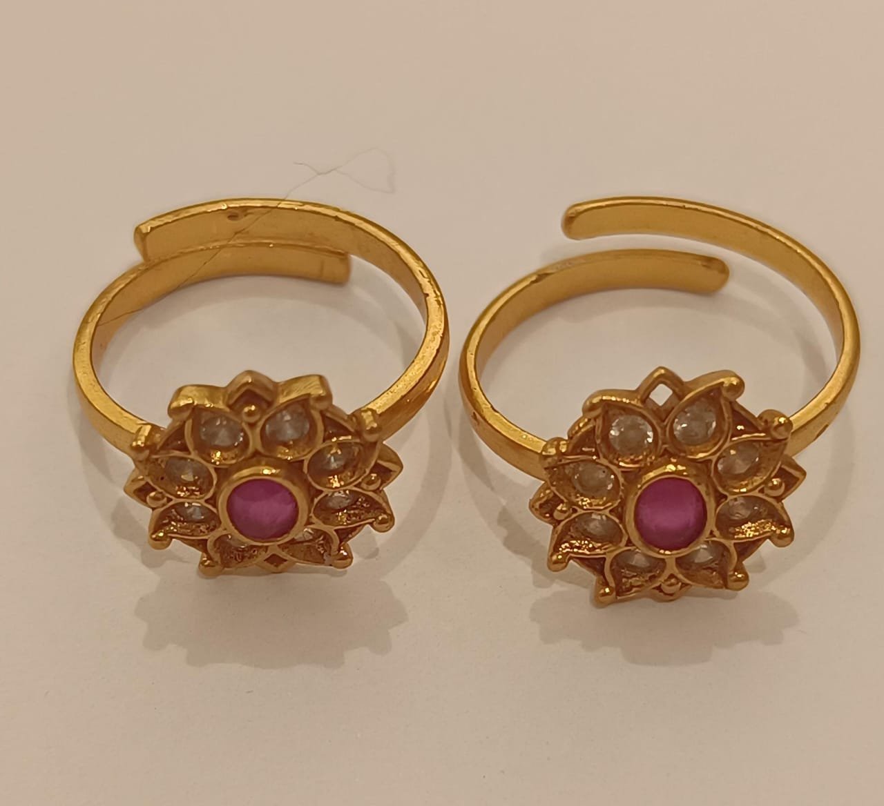 White CZ & Ruby Stone Gold Polish Toe Rings