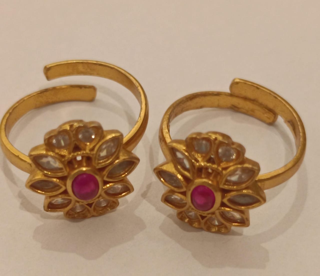 White CZ & Ruby Stone Gold Polish Toe Rings